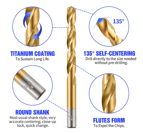 Titanium Drill Bit Set, 135 Deg, 17 pcs.